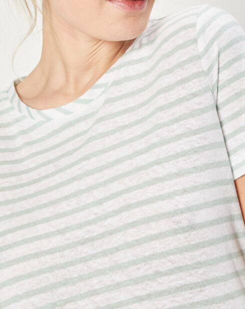 T-Shirt en Lin & Coton à rayures vert/blanc