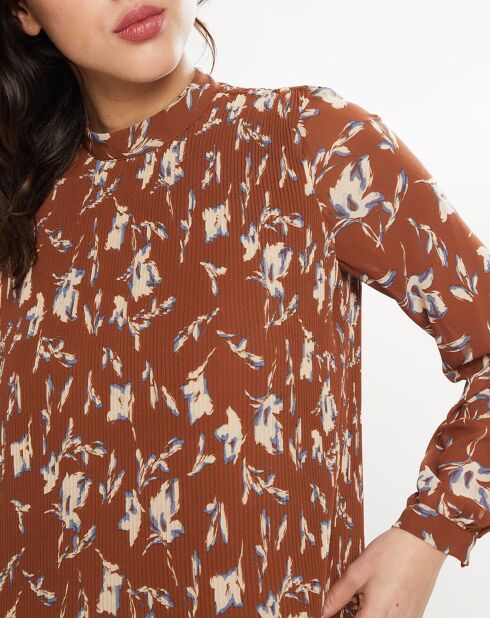 Robe plissée à imprimé fleurs marron/bleu