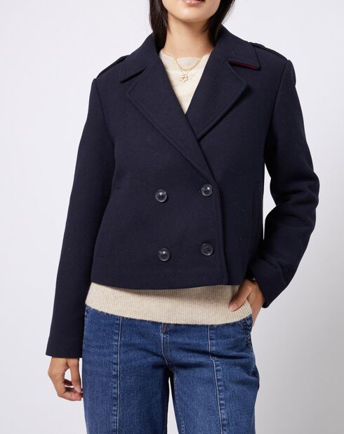 Korte jas van erwtenmix van wolmix met marineblauwe geruite voering