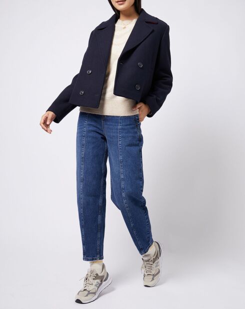 Korte jas van erwtenmix van wolmix met marineblauwe geruite voering