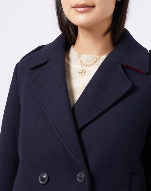 Korte jas van erwtenmix van wolmix met marineblauwe geruite voering