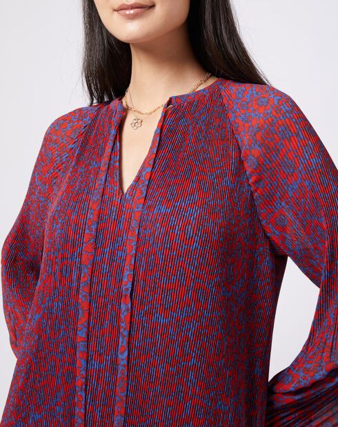 Robe blousante en voile plissé rouge/bleu