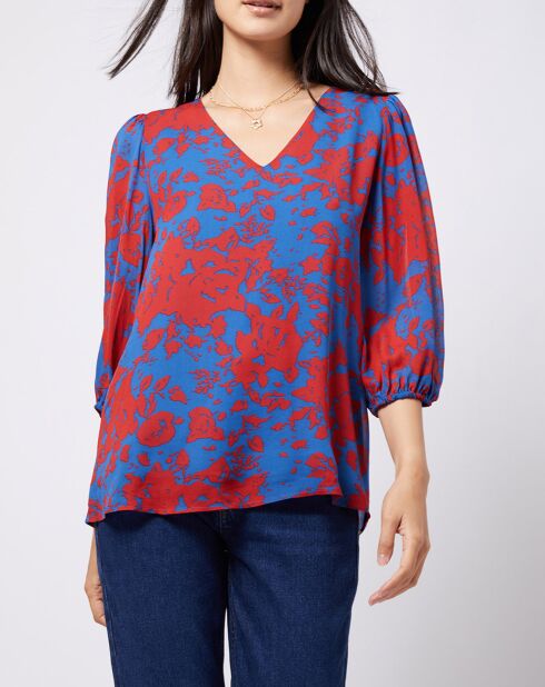 Blouse en voile imprimé fendue au dos rouge/bleu