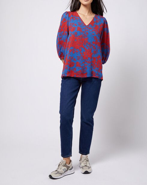 Blouse en voile imprimé fendue au dos rouge/bleu