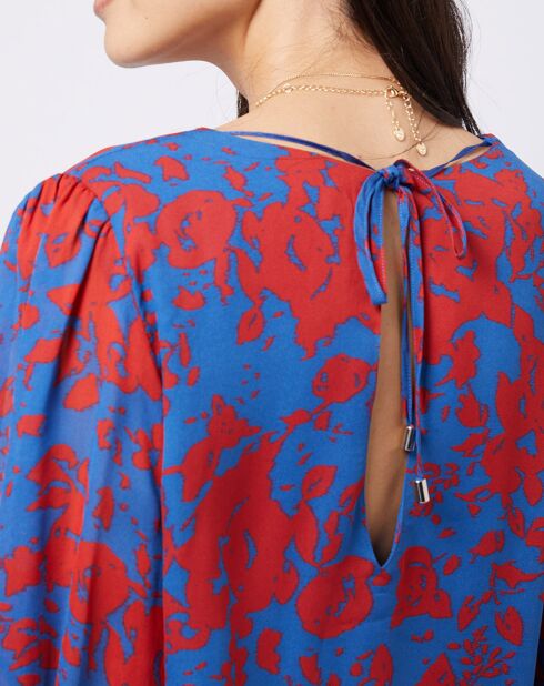 Blouse en voile imprimé fendue au dos rouge/bleu