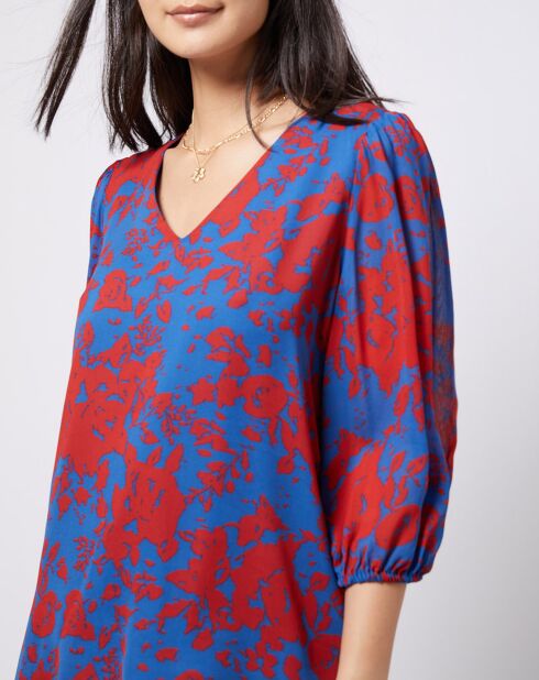 Blouse en voile imprimé fendue au dos rouge/bleu