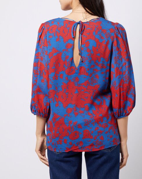 Blouse en voile imprimé fendue au dos rouge/bleu
