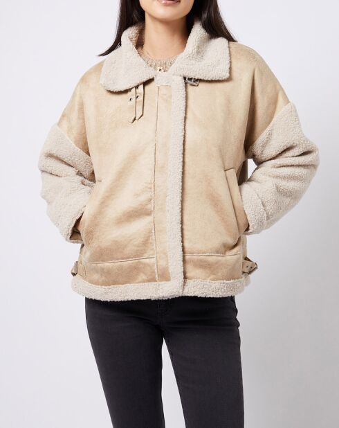 Manteau court aviateur détails fourrés sherpa beige