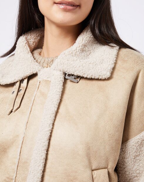 Manteau court aviateur détails fourrés sherpa beige