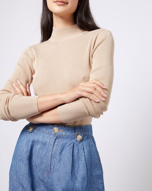 Pull fin en Maille mélangée col montant beige