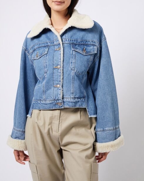 Veste en jean courte intérieur fourré sherpa bleue