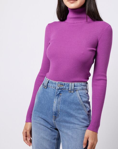 Pull col roulé en Maille fine côtelée violet vif