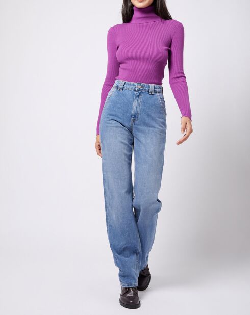 Pull col roulé en Maille fine côtelée violet vif