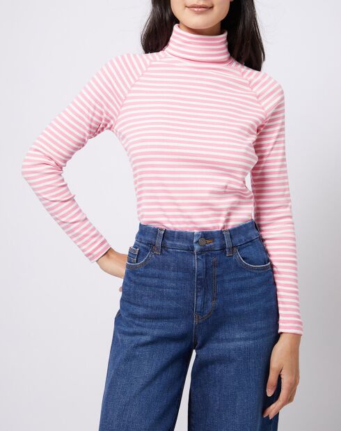 Sous-pull en Coton col roulé à rayures rose/blanc