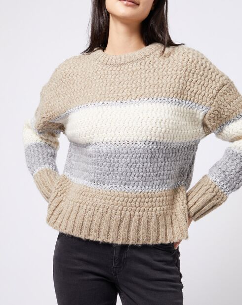 Pull Tricot en grosse maille fantaisie tricolore beige/gris/blanc