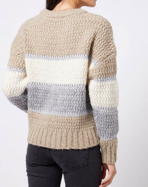 Pull Tricot en grosse maille fantaisie tricolore beige/gris/blanc