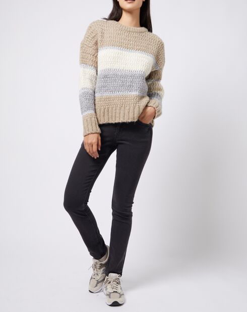Pull Tricot en grosse maille fantaisie tricolore beige/gris/blanc