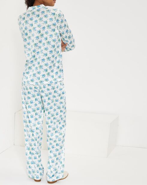 Pyjama satiné Clarisse à fleurs blanc/bleu/vert