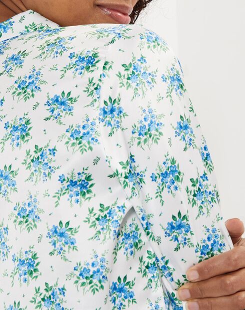 Pyjama satiné Clarisse à fleurs blanc/bleu/vert