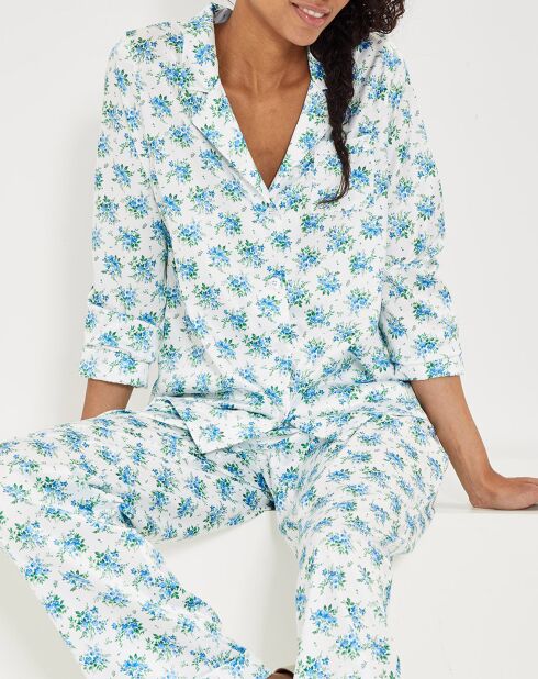Pyjama satiné Clarisse à fleurs blanc/bleu/vert