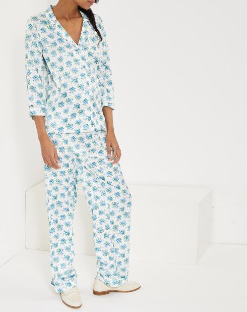 Pyjama satiné Clarisse à fleurs blanc/bleu/vert
