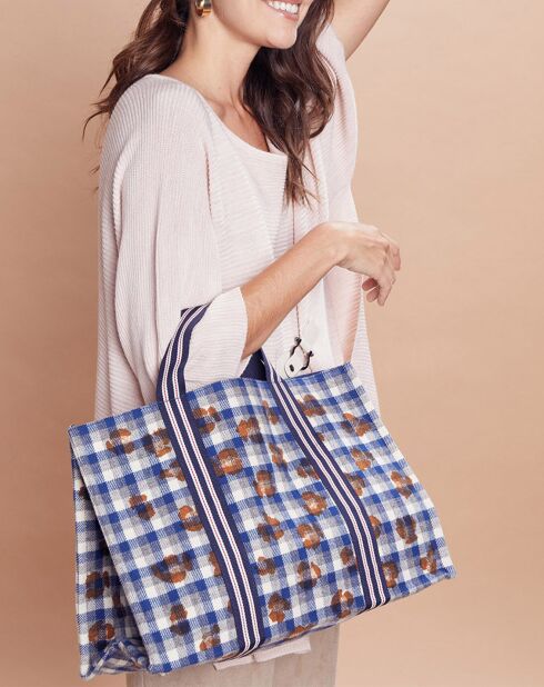 Sac Shopping 100% Laine Léone bleu/camel  - 30x42x20 cm