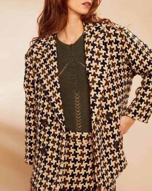 Manteau en Laine mélangée Tetris à carreaux beige/marron