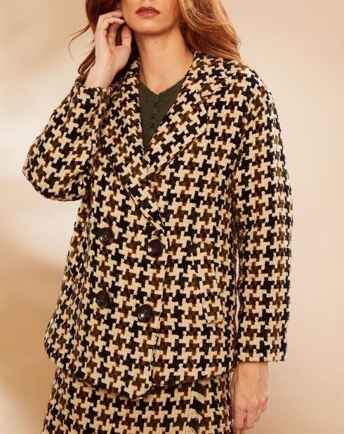 Manteau en Laine mélangée Tetris à carreaux beige/marron