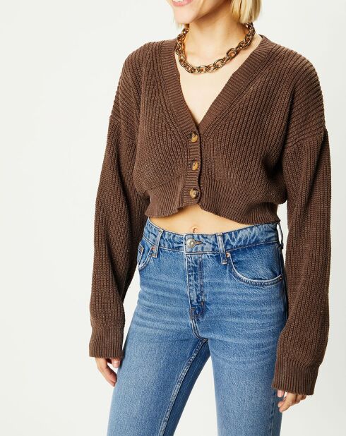 Cardigan cropped Washed Rib marron