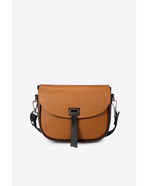 Bela cognac/zwarte leren schoudertas - 20x7x16 cm