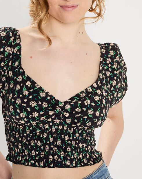 Veelkleurige Love Song-top met gesmokte taille