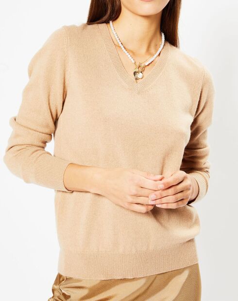 Pull 100% Cachemire Focon col V beige