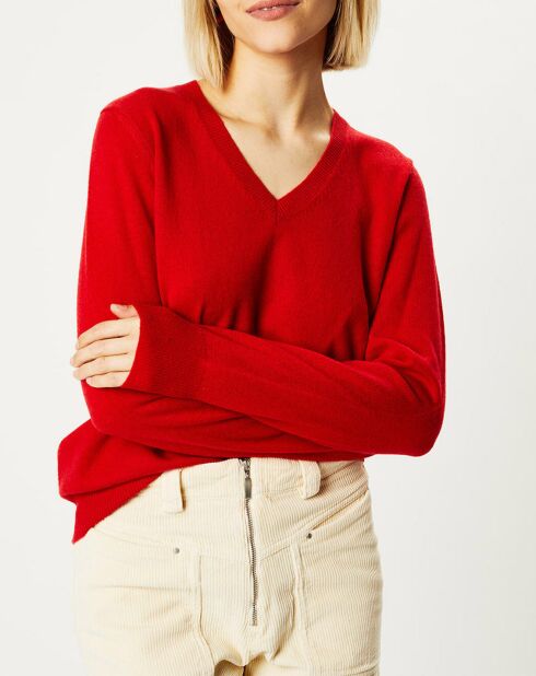 Pull 100% Cachemire Focon col V rouge