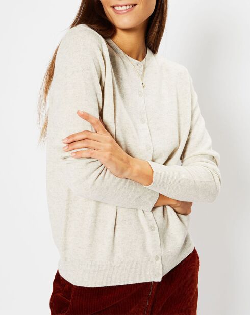 Cardigan 100% Cachemire Cacao col rond gris beige chiné