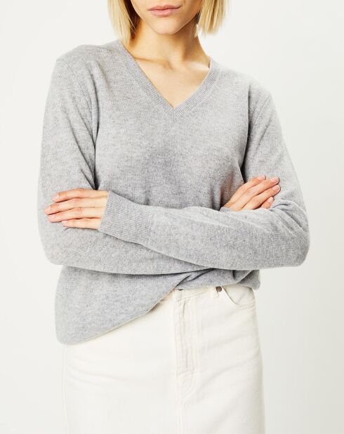 Pull 100% Cachemire Chou col V gris clair