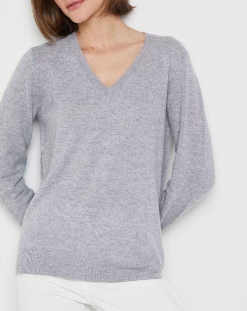Pull 100% Cachemire Chou col V gris clair