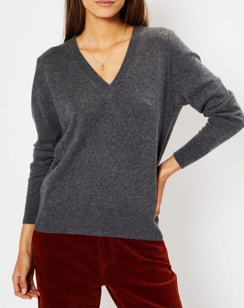 Pull 100% Cachemire Chou col V gris foncé