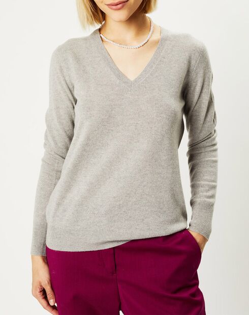 Pull 100% Cachemire Nocon col V gris clair