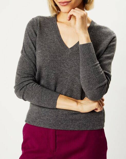 Pull 100% Cachemire Nocon col V gris foncé