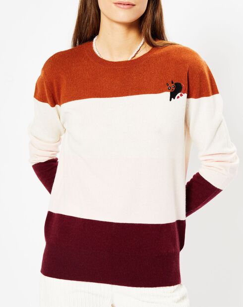 Pull en Laine & Cachemire Norma col rond blanc/rouille/bordeaux