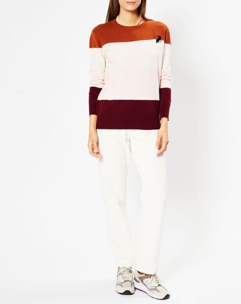 Pull en Laine & Cachemire Norma col rond blanc/rouille/bordeaux