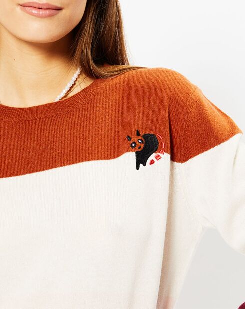 Pull en Laine & Cachemire Norma col rond blanc/rouille/bordeaux