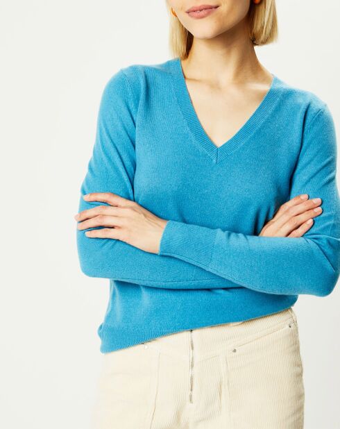 Pull 100% Cachemire Yocon col V bleu moyen