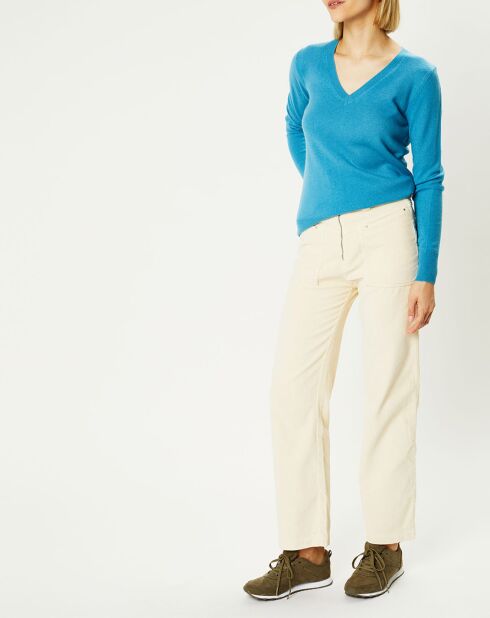 Pull 100% Cachemire Yocon col V bleu moyen