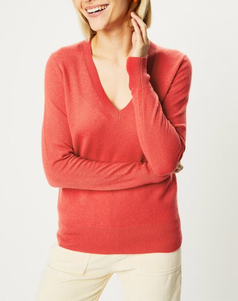 Pull 100% Cachemire Yocon col V rouge rosé