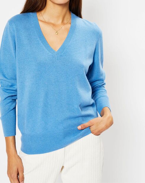 Pull 100% Cachemire Zocon col V bleu