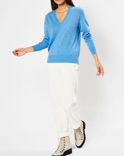 Pull 100% Cachemire Zocon col V bleu