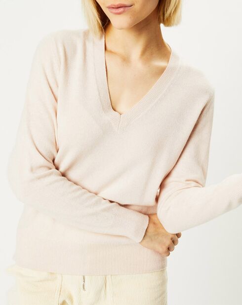 Pull 100% Cachemire Zocon col V beige rosé