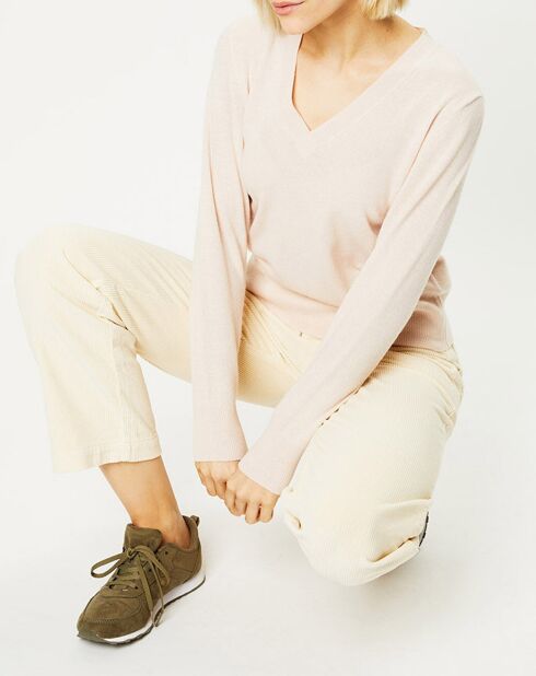Pull 100% Cachemire Zocon col V beige rosé
