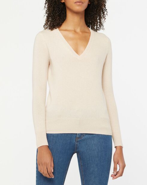 Pull 100% Cachemire Zocon col V beige rosé